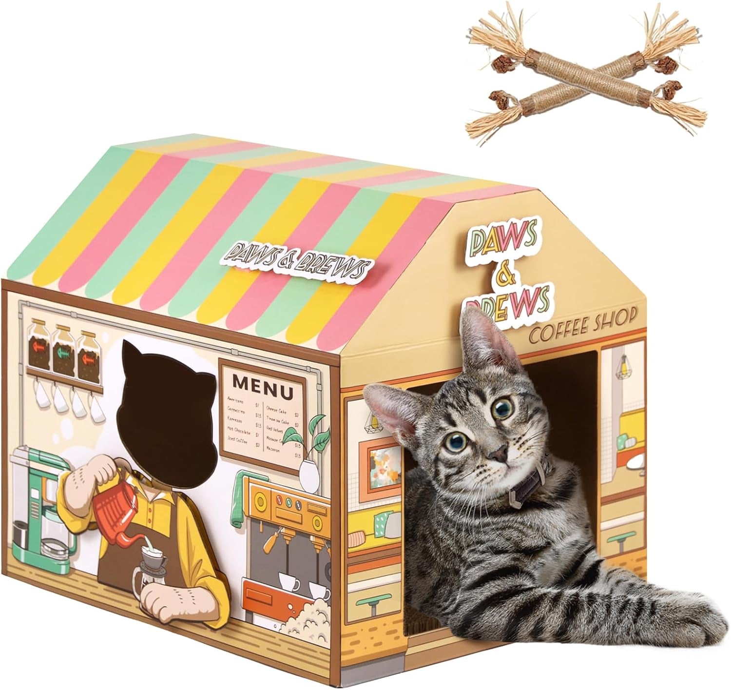 Premium Cardboard Cat House with Integrated Scratching Post and Catnip - 16.5'' x 12'' x 15'' - Multi-functional Indoor/Outdoor Playhouse for Cats and Small Pets, Elevating Home Aesthetics and Playtime Engagement