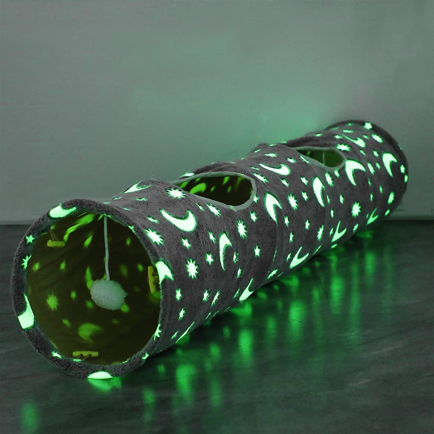 Collapsible Cat Tunnel with Plush Ball Toys and Photoluminescent Features for Small Pets, Including Rabbits, Kittens, Ferrets, and Puppies - Grey Moon and Star Design