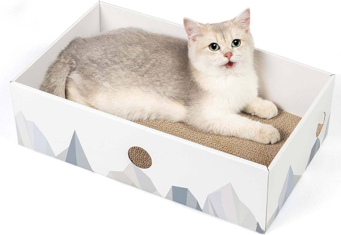 Heavy-Duty Double-Sided Cardboard Cat Scratcher Box with Interactive Design, Large White Lounger and Bed for Indoor Cats