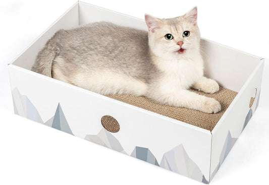 Heavy-Duty Double-Sided Cardboard Cat Scratcher Box with Interactive Design, Large White Lounger and Bed for Indoor Cats