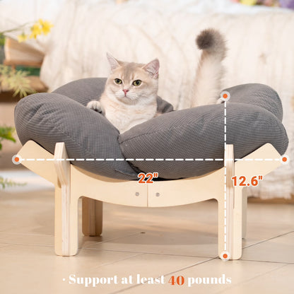 Elevated Cat Bed, Washable Flower Pet Cushion with Sturdy Wooden Frame, Heavy-Duty Lounge Chair for Indoor Cats & Small Dogs, Gray