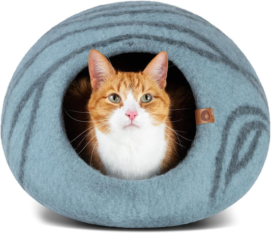 Premium Handmade Merino Wool Cat Cave Bed Enclosure for Indoor Cats (Aquamarine, Medium)