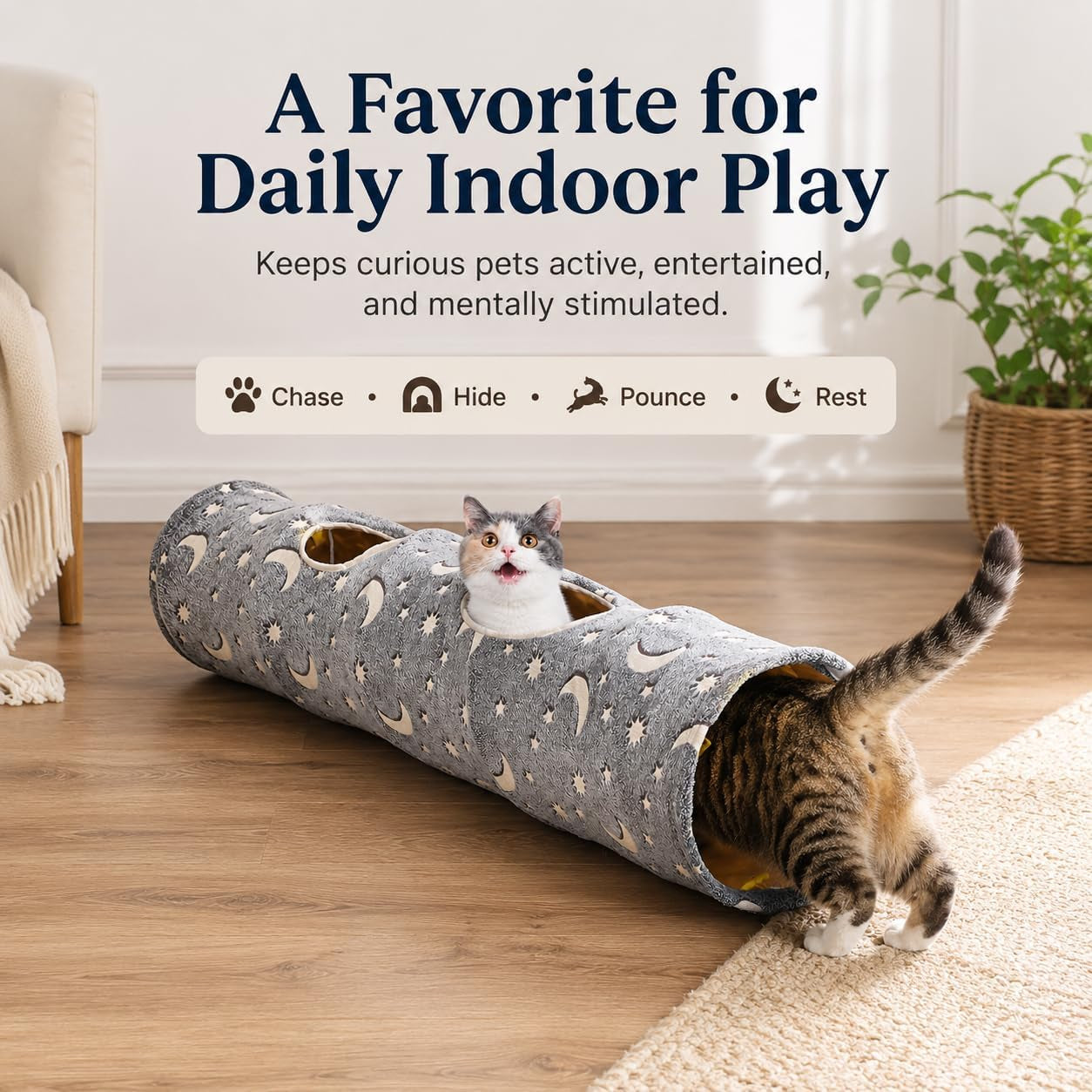 Collapsible Cat Tunnel with Plush Ball Toys and Photoluminescent Features for Small Pets, Including Rabbits, Kittens, Ferrets, and Puppies - Grey Moon and Star Design