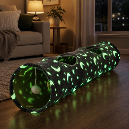 Collapsible Cat Tunnel with Plush Ball Toys and Photoluminescent Features for Small Pets, Including Rabbits, Kittens, Ferrets, and Puppies - Grey Moon and Star Design