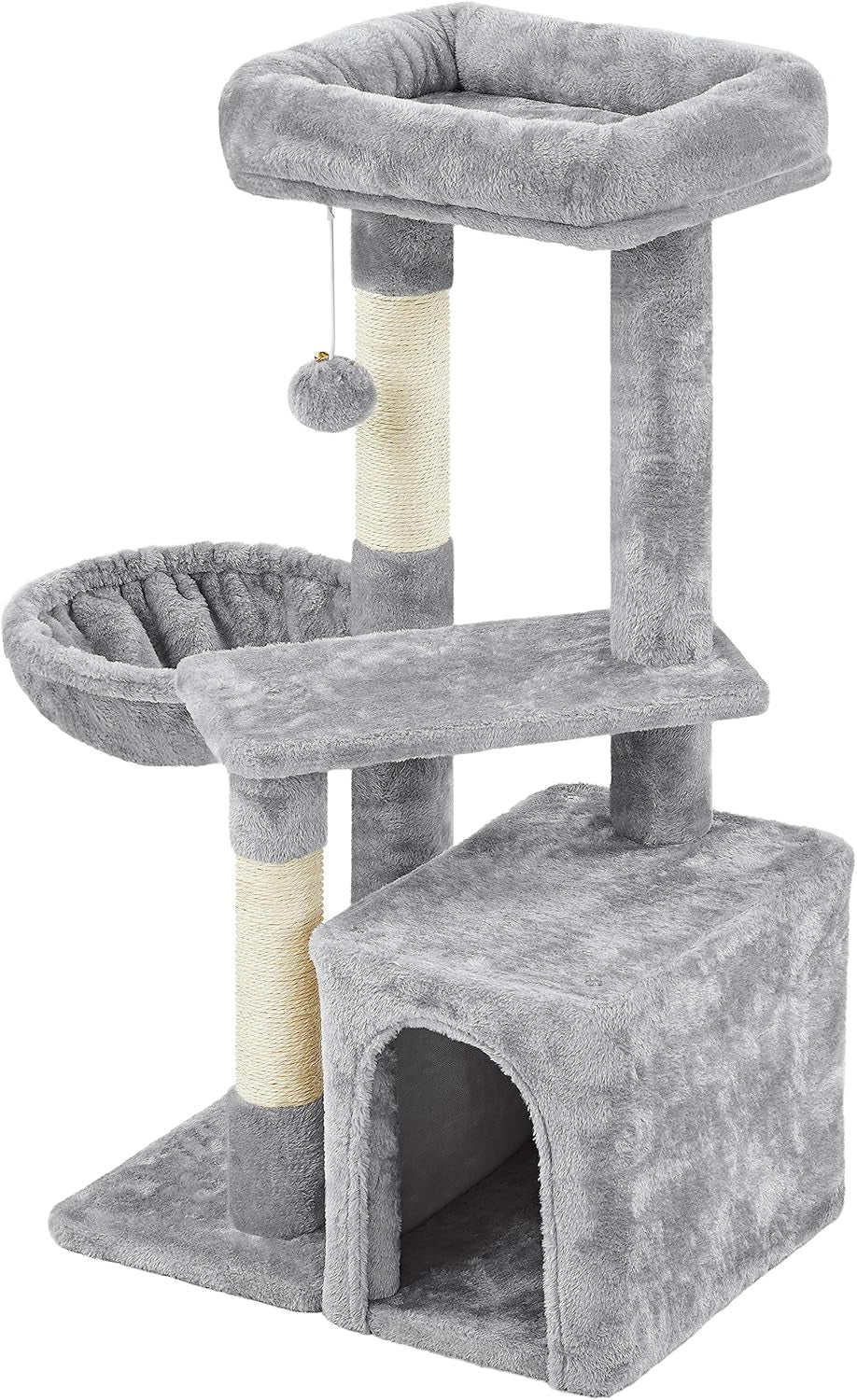 34-Inch Light Gray Indoor Cat Tree with Condo, Basket, Scratching Posts, Plush Platforms, and Window Perch for Kittens and Small to Medium Cats (up to 11 lbs) - Easy Assembly