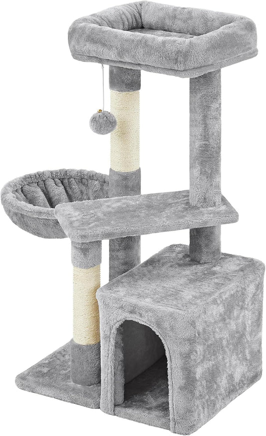 34-Inch Light Gray Indoor Cat Tree with Condo, Basket, Scratching Posts, Plush Platforms, and Window Perch for Kittens and Small to Medium Cats (up to 11 lbs) - Easy Assembly