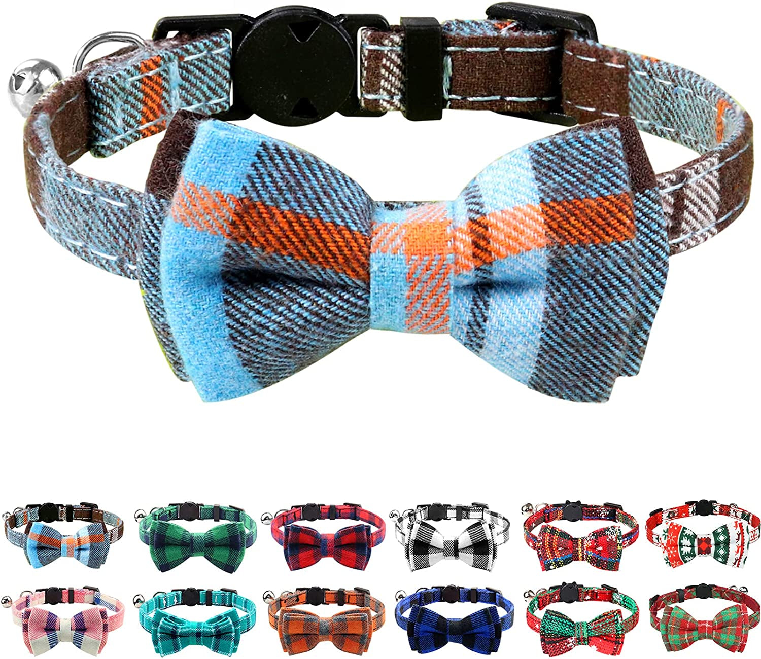 Upgraded Breakaway Cat Collar with Bells and Bow Tie - Haze Blue Plaid Design for Safety, Suitable for Kittens and Cats