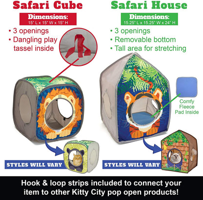 Safari Jungle Collapsible Cat Cube: Indoor Hideout and Play Space with Peekaboo Openings, 15” x 15” x 15”
