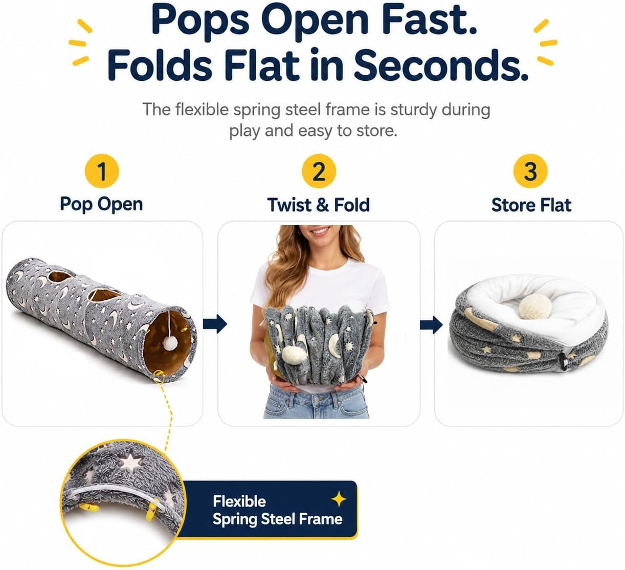 Collapsible Cat Tunnel with Plush Ball Toys and Photoluminescent Features for Small Pets, Including Rabbits, Kittens, Ferrets, and Puppies - Grey Moon and Star Design