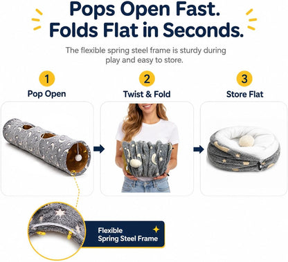 Collapsible Cat Tunnel with Plush Ball Toys and Photoluminescent Features for Small Pets, Including Rabbits, Kittens, Ferrets, and Puppies - Grey Moon and Star Design