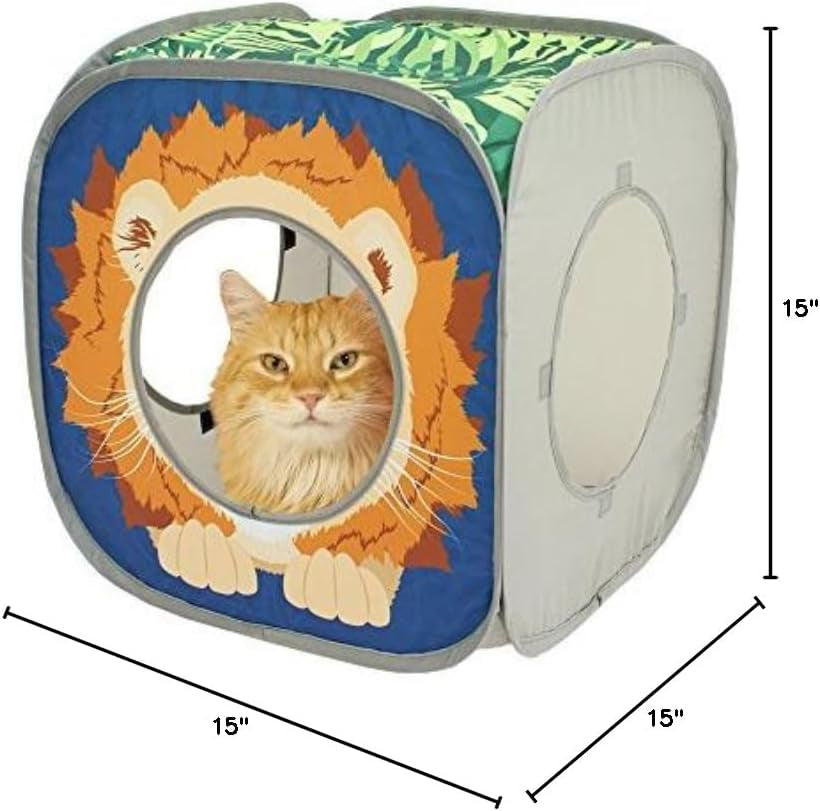 Safari Jungle Collapsible Cat Cube: Indoor Hideout and Play Space with Peekaboo Openings, 15” x 15” x 15”