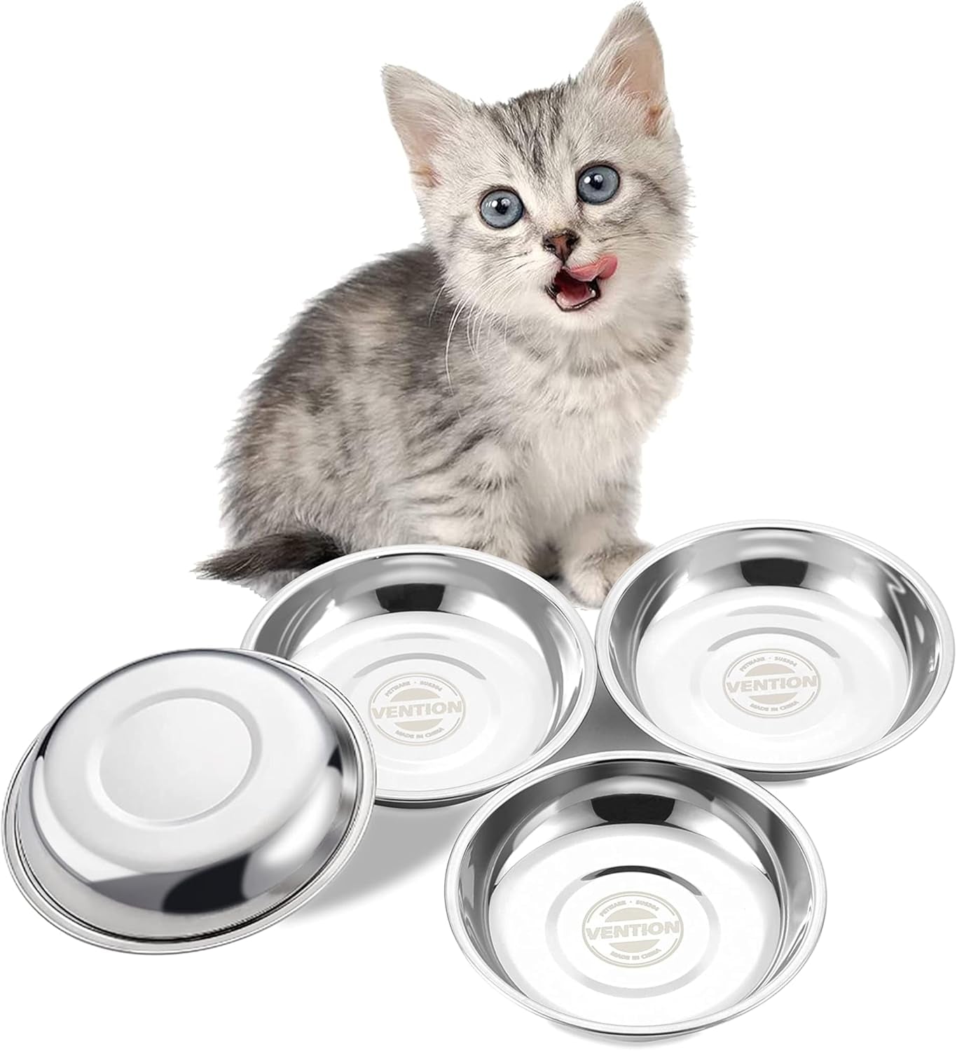 Premium Stainless Steel Cat Food Bowls - 5.8 Inch Diameter, 10.8 Fl. Oz Capacity, Set of 4, Compatible with Elevated Stands, Dishwasher Safe, Engineered to Minimize Whisker Fatigue