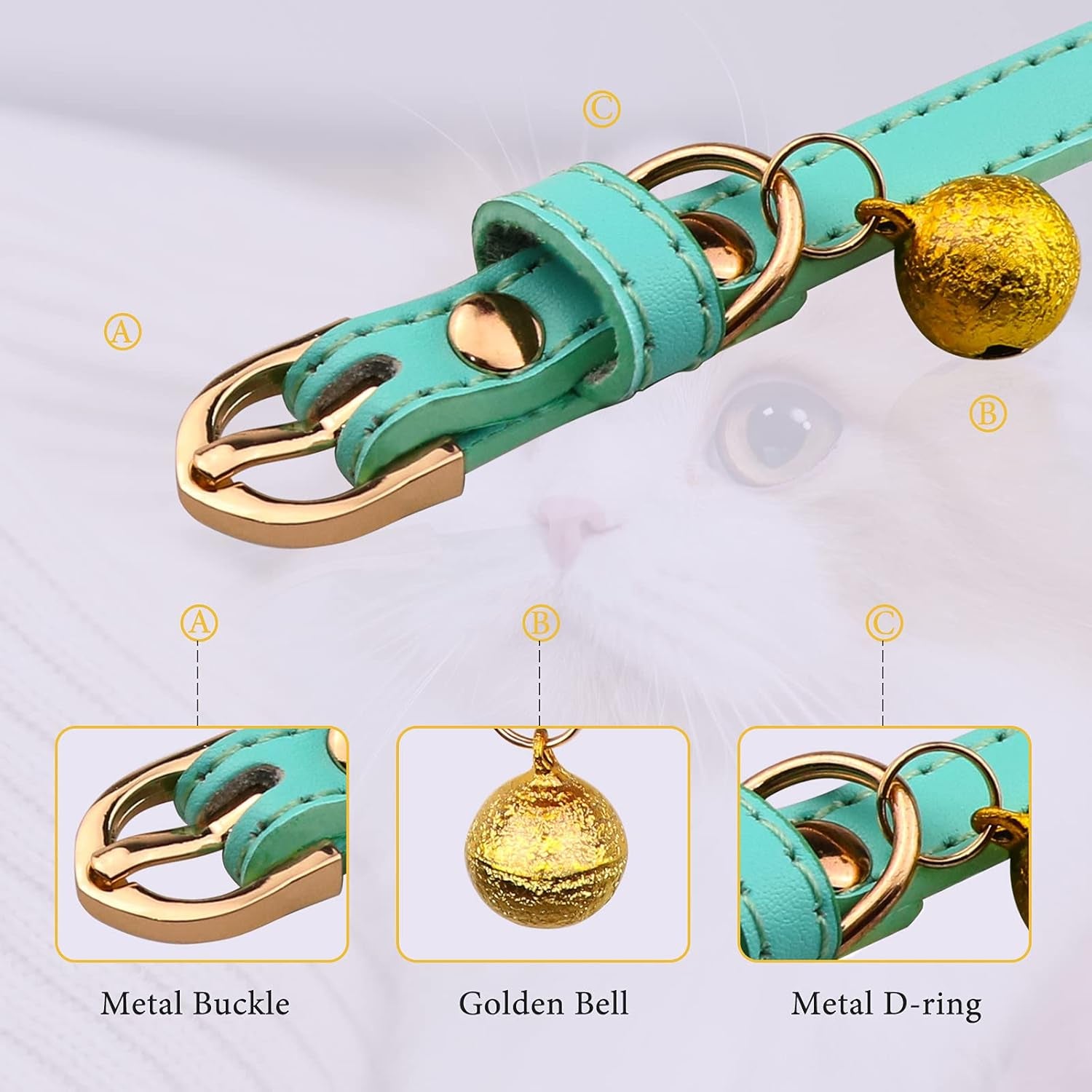 3-Pack Soft Leather Cat Collars with Bells - Safety Kitten Collars in Orange, Yellow, and Mint Green (Small)