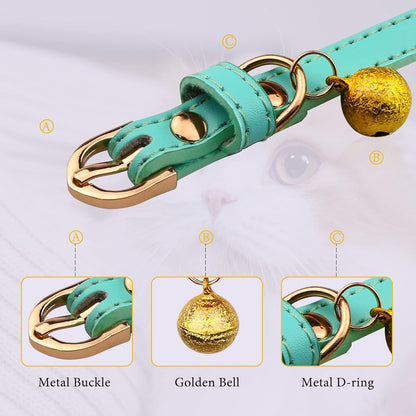 3-Pack Soft Leather Cat Collars with Bells - Safety Kitten Collars in Orange, Yellow, and Mint Green (Small)