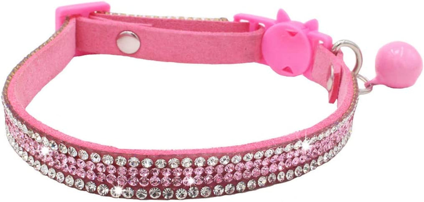 Adjustable Pink Diamond-Studded Breakaway Cat Collar with Bell for Kittens