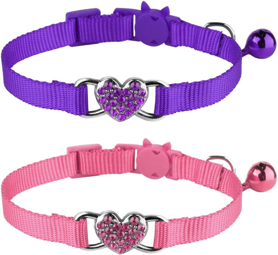Adjustable Nylon Cat Collars with Heart Accents and Bells - Set of Two in Pink and Purple