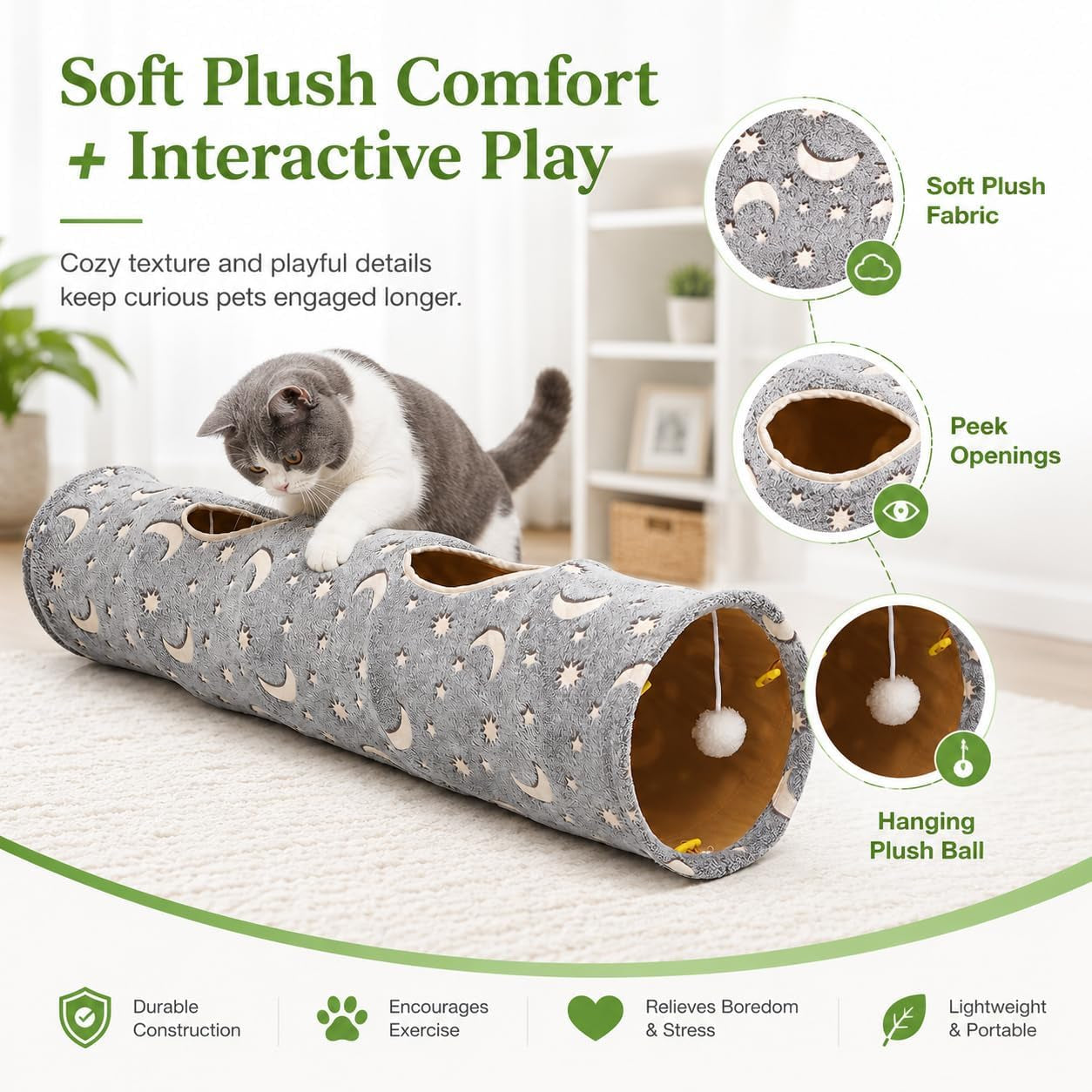 Collapsible Cat Tunnel with Plush Ball Toys and Photoluminescent Features for Small Pets, Including Rabbits, Kittens, Ferrets, and Puppies - Grey Moon and Star Design