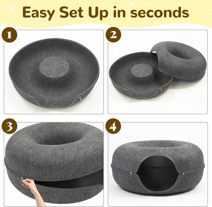 Cozy Dark Grey Cat Cave & Tunnel - Perfect Hideaway for Large Cats and Multi-Pet Homes, Scratch-Resistant and Stylish Design