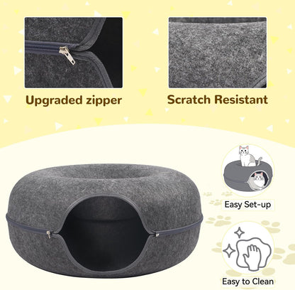 Cozy Dark Grey Cat Cave & Tunnel - Perfect Hideaway for Large Cats and Multi-Pet Homes, Scratch-Resistant and Stylish Design