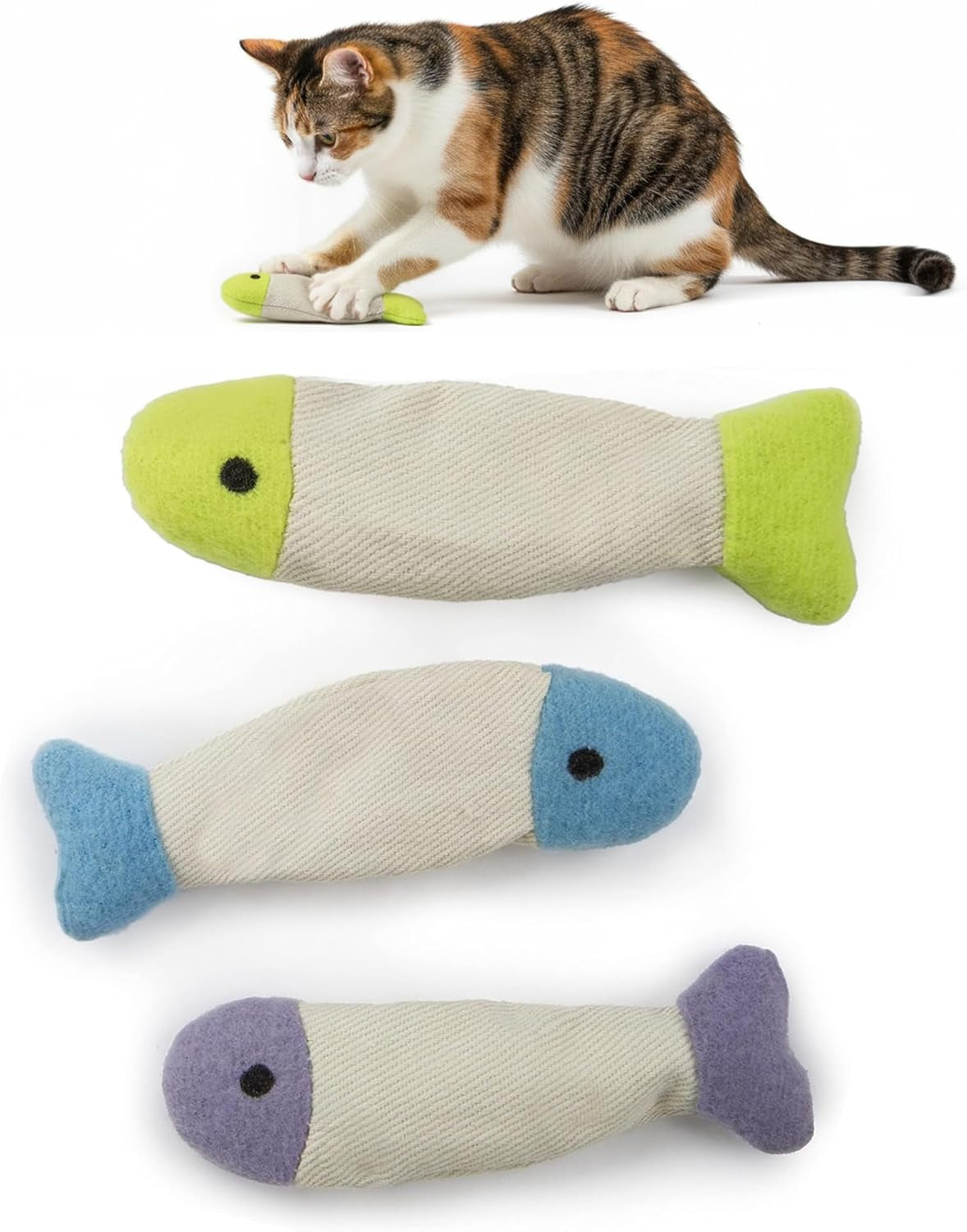 Set of Three Multi-Colored Crinkle Catnip Fish Toys for Cats