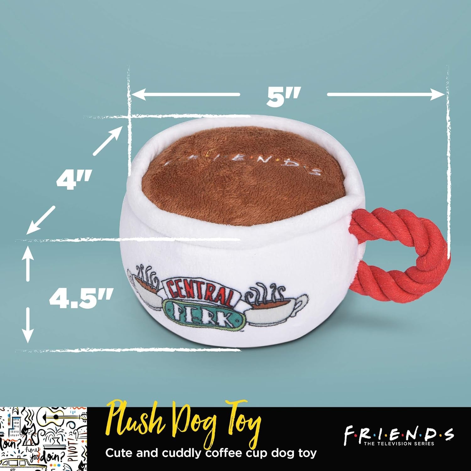 Friends TV Show Central Perk Coffee Cup Plush Dog Toy with Built-In Squeaker - Officially Licensed Product Featuring Iconic Design for Endless Entertainment