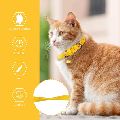 3-Pack Soft Leather Cat Collars with Bells - Safety Kitten Collars in Orange, Yellow, and Mint Green (Small)
