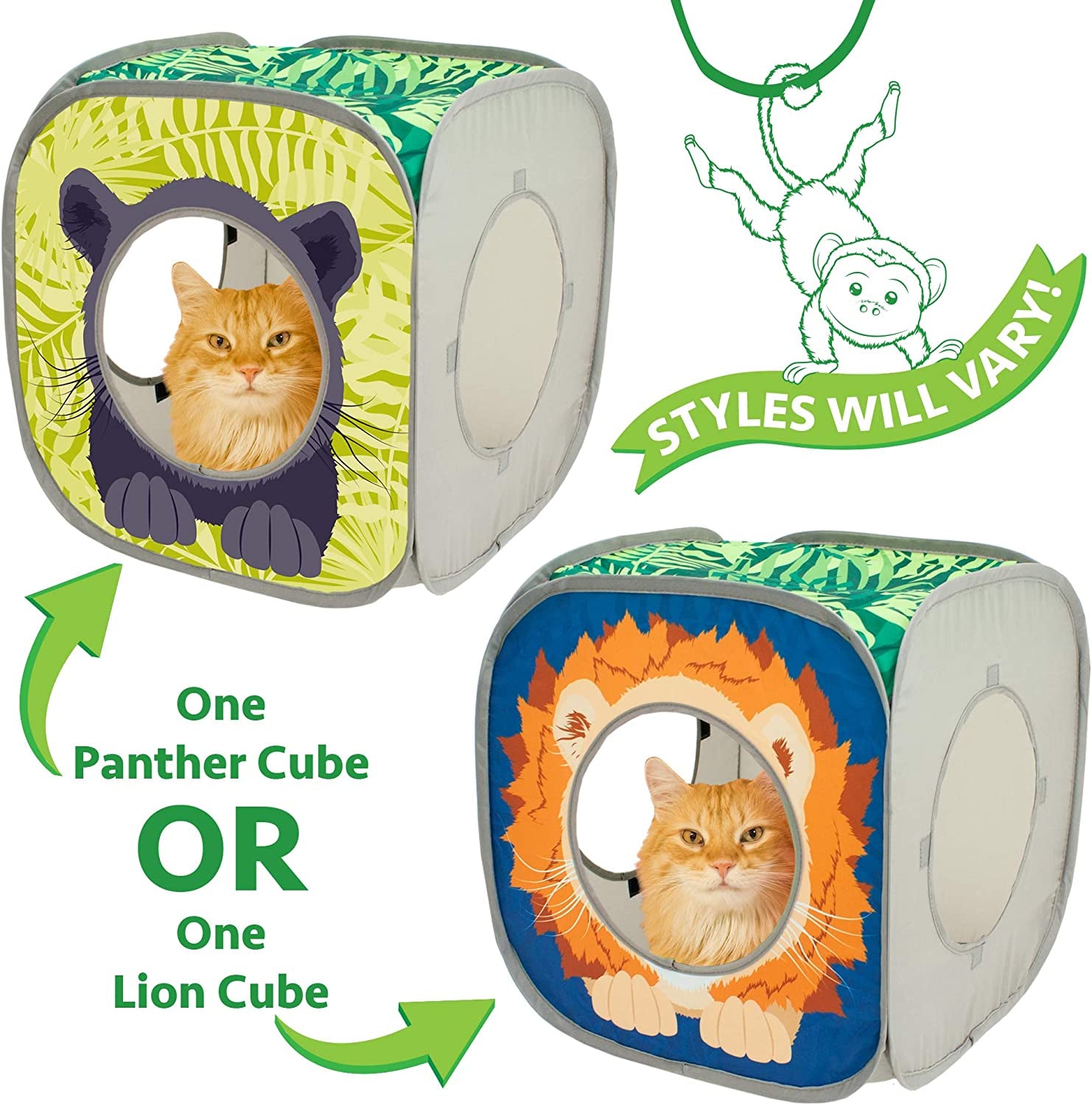 Safari Jungle Collapsible Cat Cube: Indoor Hideout and Play Space with Peekaboo Openings, 15” x 15” x 15”