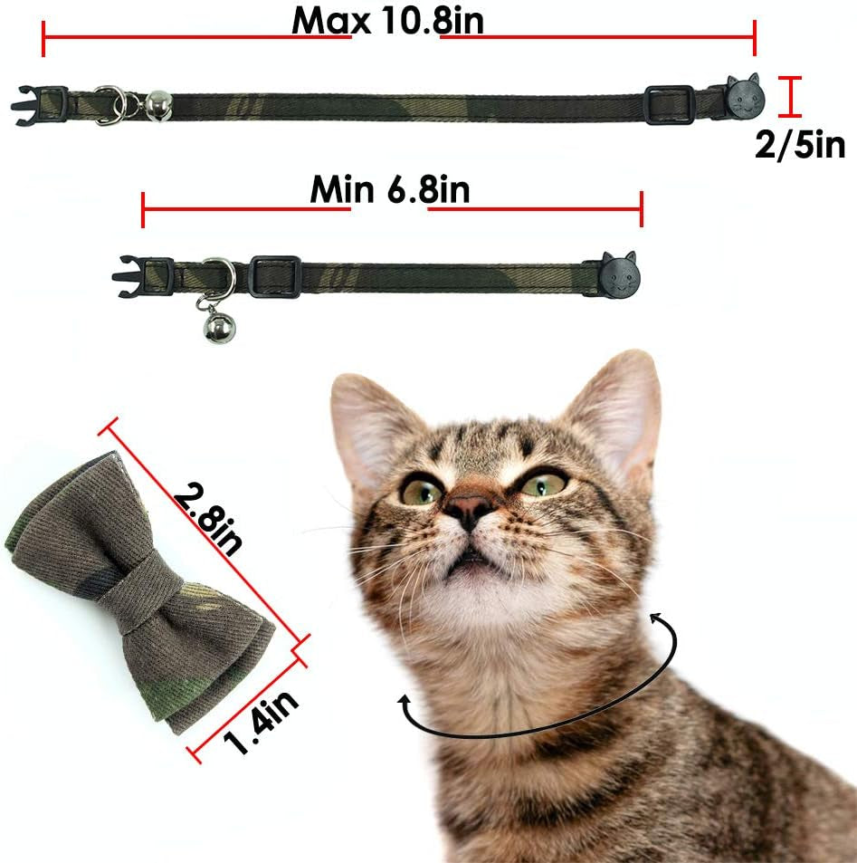 Breakaway Cat Collar Set with Bowtie and Bell - Quick Release Buckle, Durable and Safe for Kittens and Cats (Size: 6.8-10.8 In, Camouflage Designs)