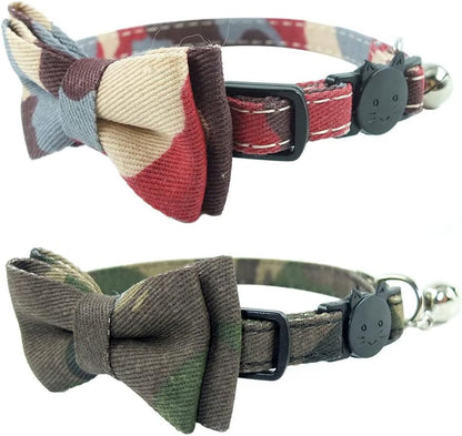 Breakaway Cat Collar Set with Bowtie and Bell - Quick Release Buckle, Durable and Safe for Kittens and Cats (Size: 6.8-10.8 In, Camouflage Designs)