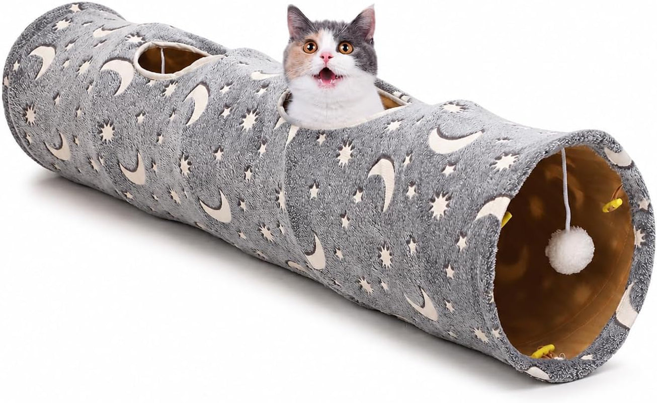 Collapsible Cat Tunnel with Plush Ball Toys and Photoluminescent Features for Small Pets, Including Rabbits, Kittens, Ferrets, and Puppies - Grey Moon and Star Design