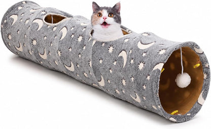 Collapsible Cat Tunnel with Plush Ball Toys and Photoluminescent Features for Small Pets, Including Rabbits, Kittens, Ferrets, and Puppies - Grey Moon and Star Design