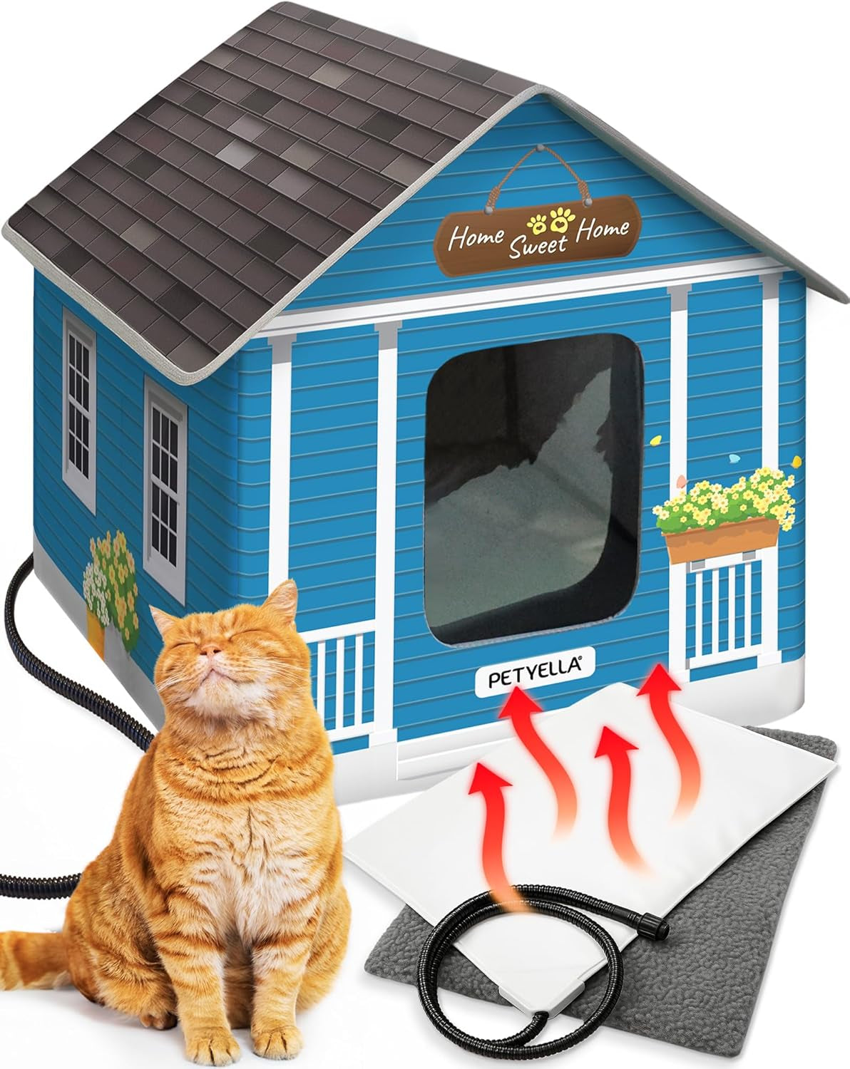Deluxe Insulated Heated Cat House - Weatherproof Design, Easy Assembly, Dual Escape Doors, Suitable for Indoor and Outdoor Use - Blue Tiles Pet Shelter