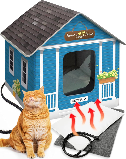 Deluxe Insulated Heated Cat House - Weatherproof Design, Easy Assembly, Dual Escape Doors, Suitable for Indoor and Outdoor Use - Blue Tiles Pet Shelter