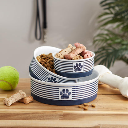 Paw & Patch Ceramic Pet Collection, Medium Bowl, 6X2", Nautical Blue