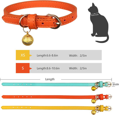 3-Pack Soft Leather Cat Collars with Bells - Safety Kitten Collars in Orange, Yellow, and Mint Green (Small)