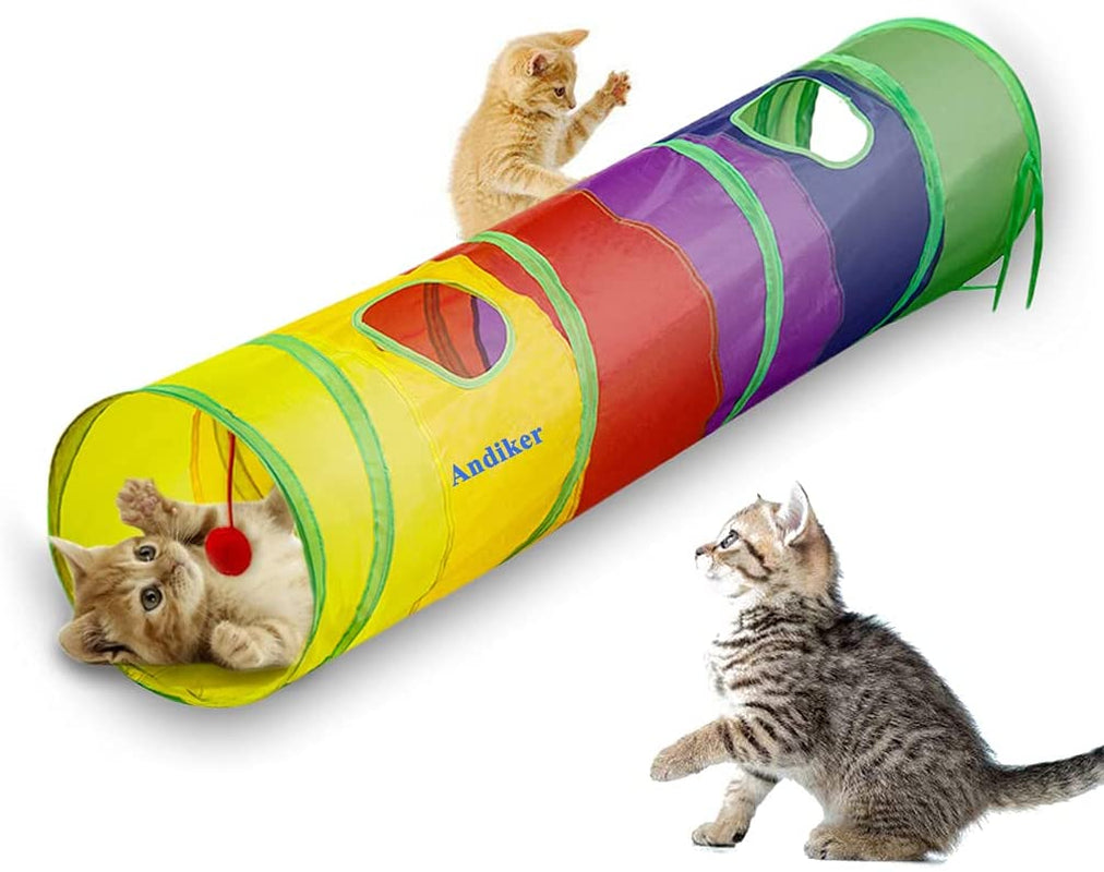 Indoor Cat Tunnel - 45" Collapsible Rainbow Tube with Fun Ball and Dual Access Holes for Kittens, Ideal for Exercise, Hiding, and Play (Colorful)