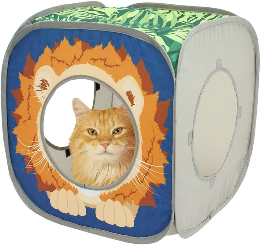 Safari Jungle Collapsible Cat Cube: Indoor Hideout and Play Space with Peekaboo Openings, 15” x 15” x 15”