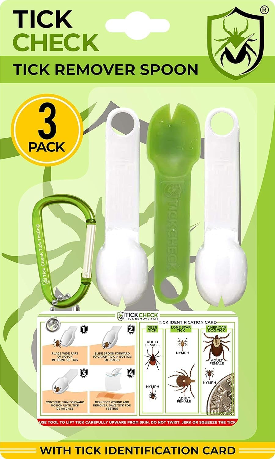 Tick Removal Tool Set - 3 Lightweight Spoons with Complimentary Tick Identification Card and Carabiner