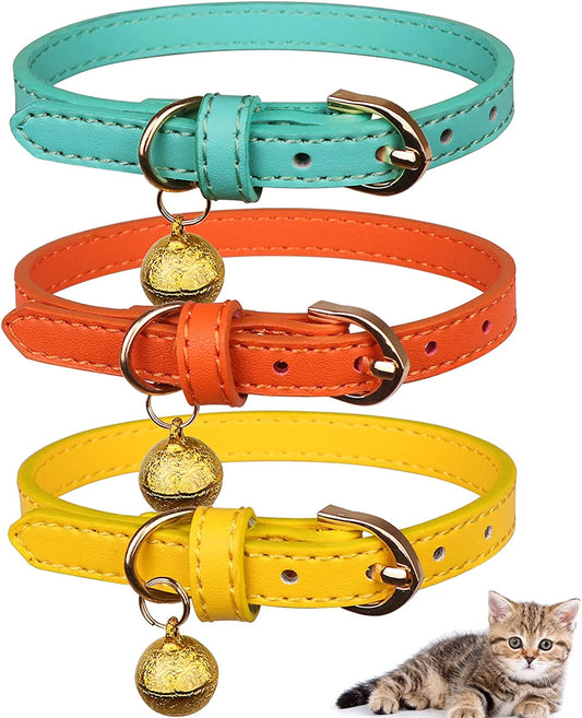 3-Pack Soft Leather Cat Collars with Bells - Safety Kitten Collars in Orange, Yellow, and Mint Green (Small)