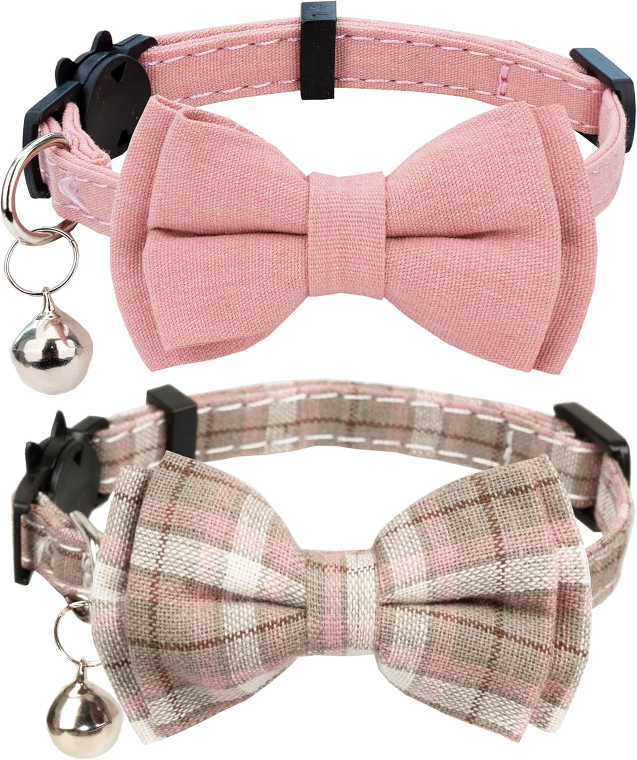 Adjustable Breakaway Cat Collar Set with Bowtie and Bell - Solid Plaid Design in Pink - Pack of 2