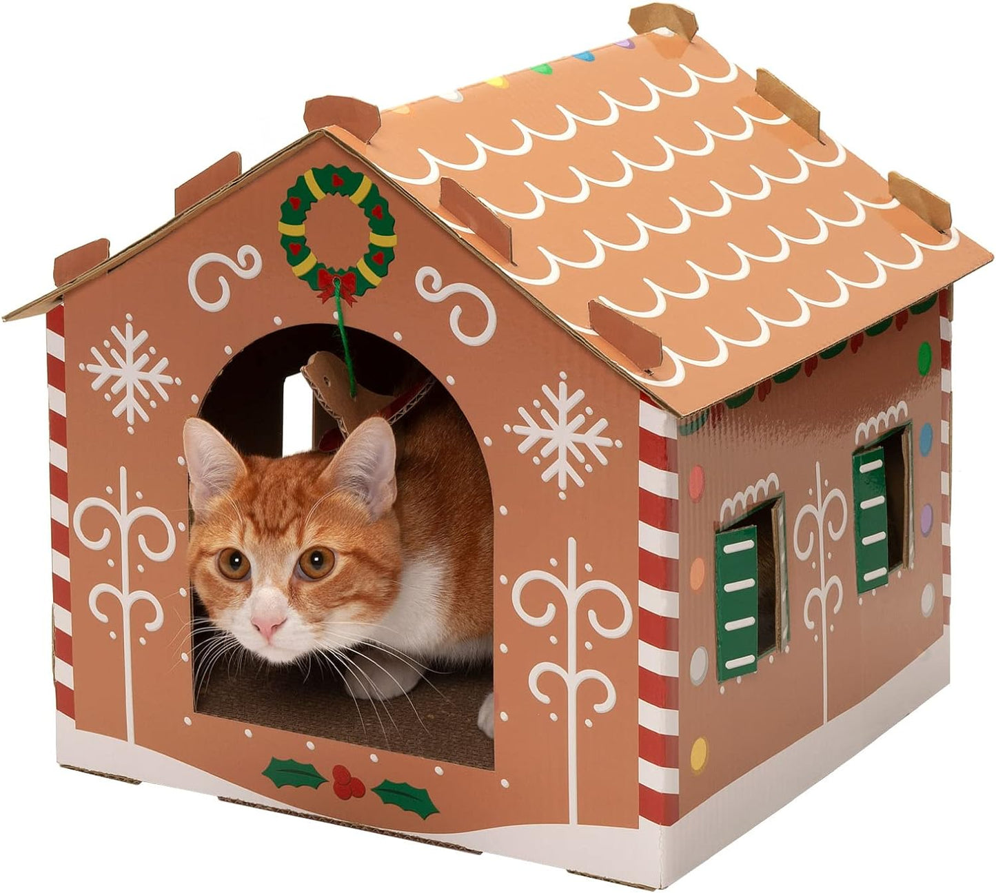 Gingerbread House-Themed Cardboard Cat House with Catnip, Scratching Pad, and Hanging Toys - Festive Cat Scratching Hideaway in Christmas Design, One Size