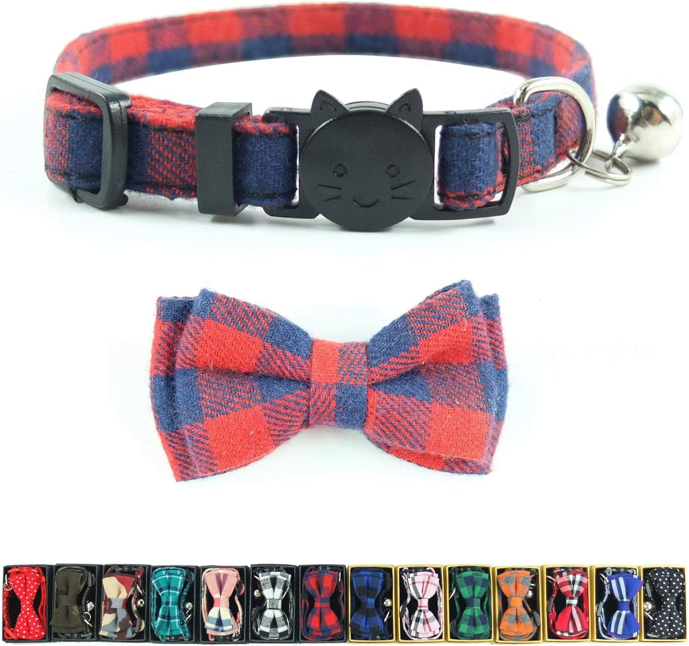 Adjustable Red Plaid Breakaway Cat Collar with Bell and Bow Tie for Kittens (6.8-10.8 inches)