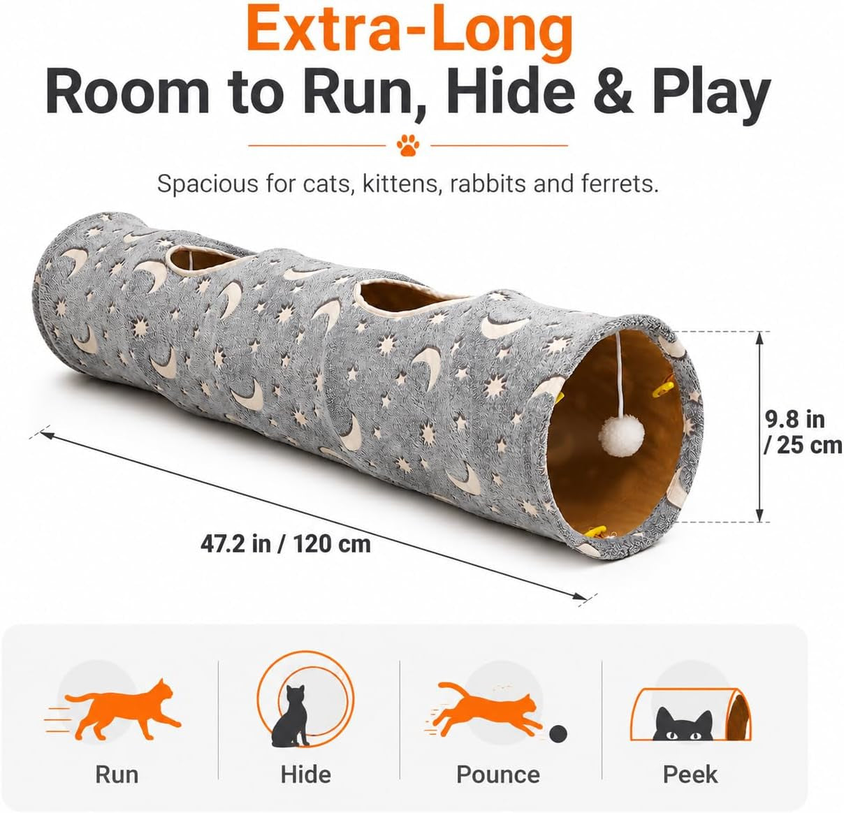 Collapsible Cat Tunnel with Plush Ball Toys and Photoluminescent Features for Small Pets, Including Rabbits, Kittens, Ferrets, and Puppies - Grey Moon and Star Design