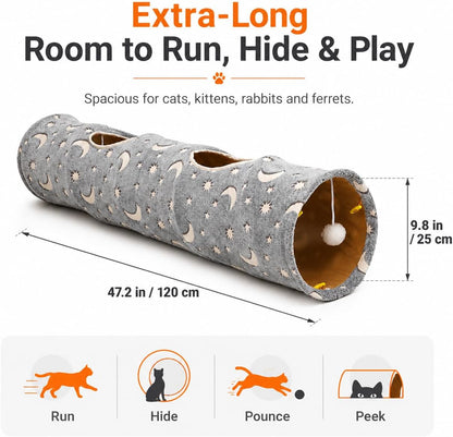 Collapsible Cat Tunnel with Plush Ball Toys and Photoluminescent Features for Small Pets, Including Rabbits, Kittens, Ferrets, and Puppies - Grey Moon and Star Design