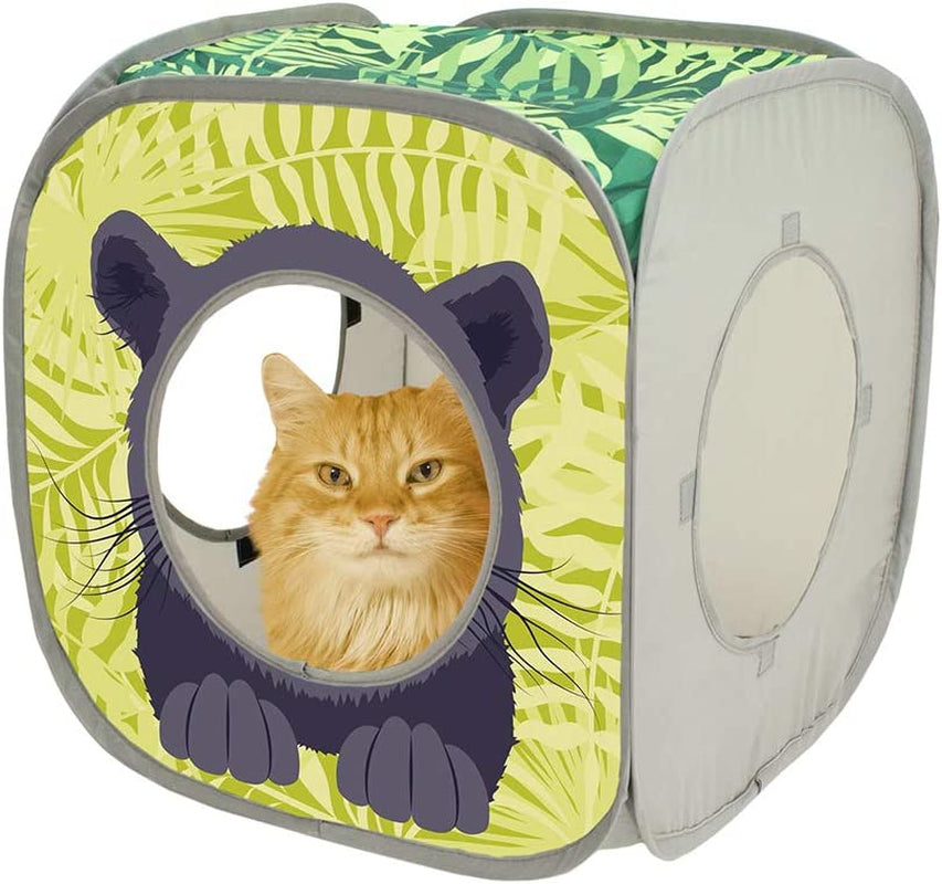 Safari Jungle Collapsible Cat Cube: Indoor Hideout and Play Space with Peekaboo Openings, 15” x 15” x 15”