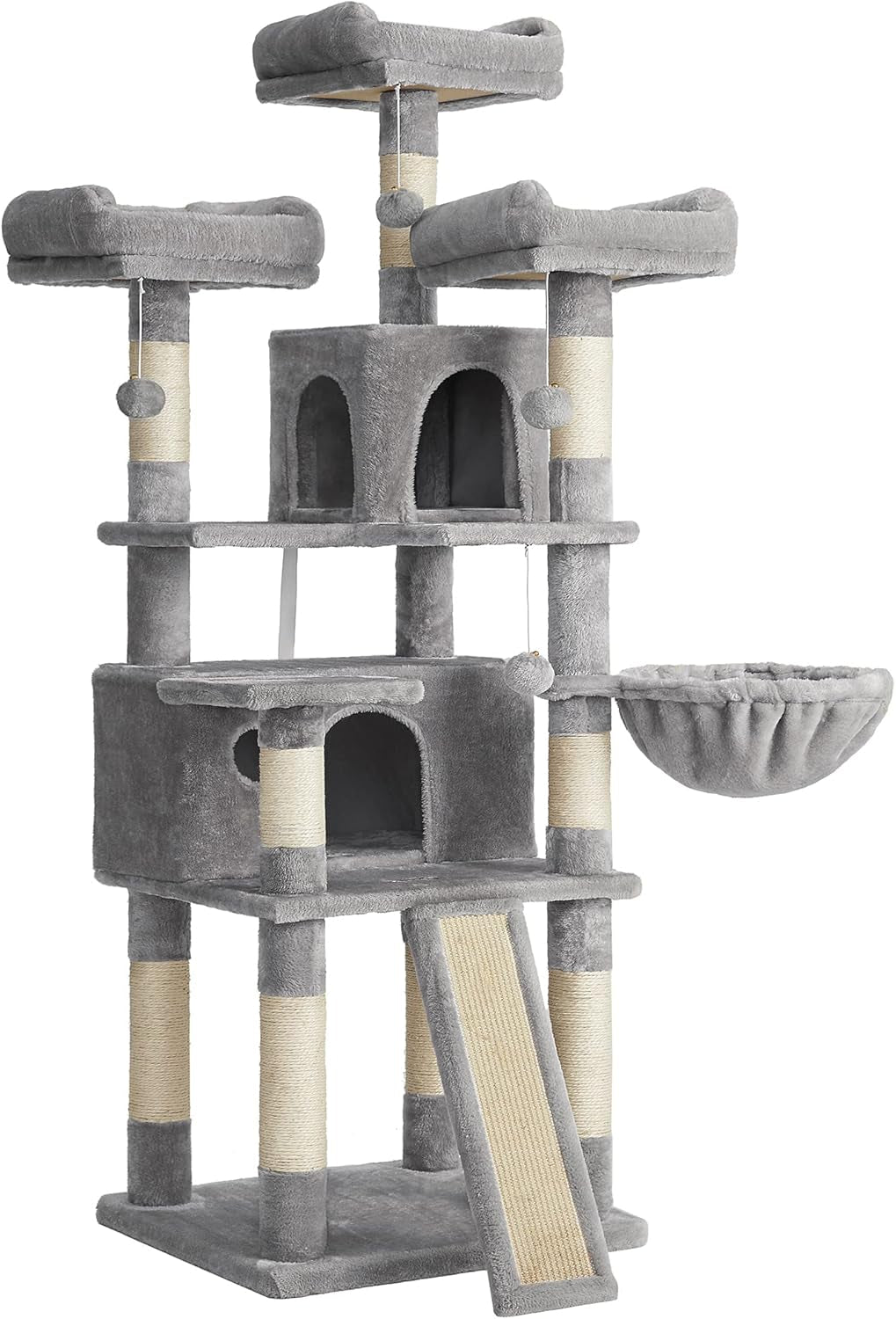 Large Cat Tree Tower with Scratching Posts, Caves, and Plush Perches - 66.5 Inches - Light Gray