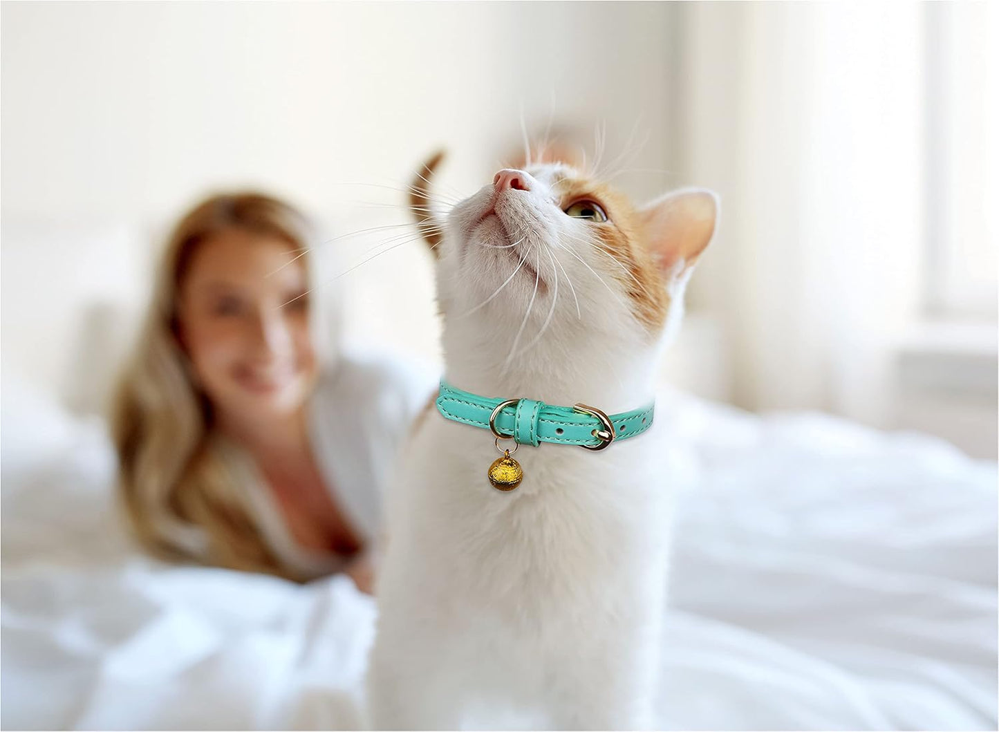3-Pack Soft Leather Cat Collars with Bells - Safety Kitten Collars in Orange, Yellow, and Mint Green (Small)