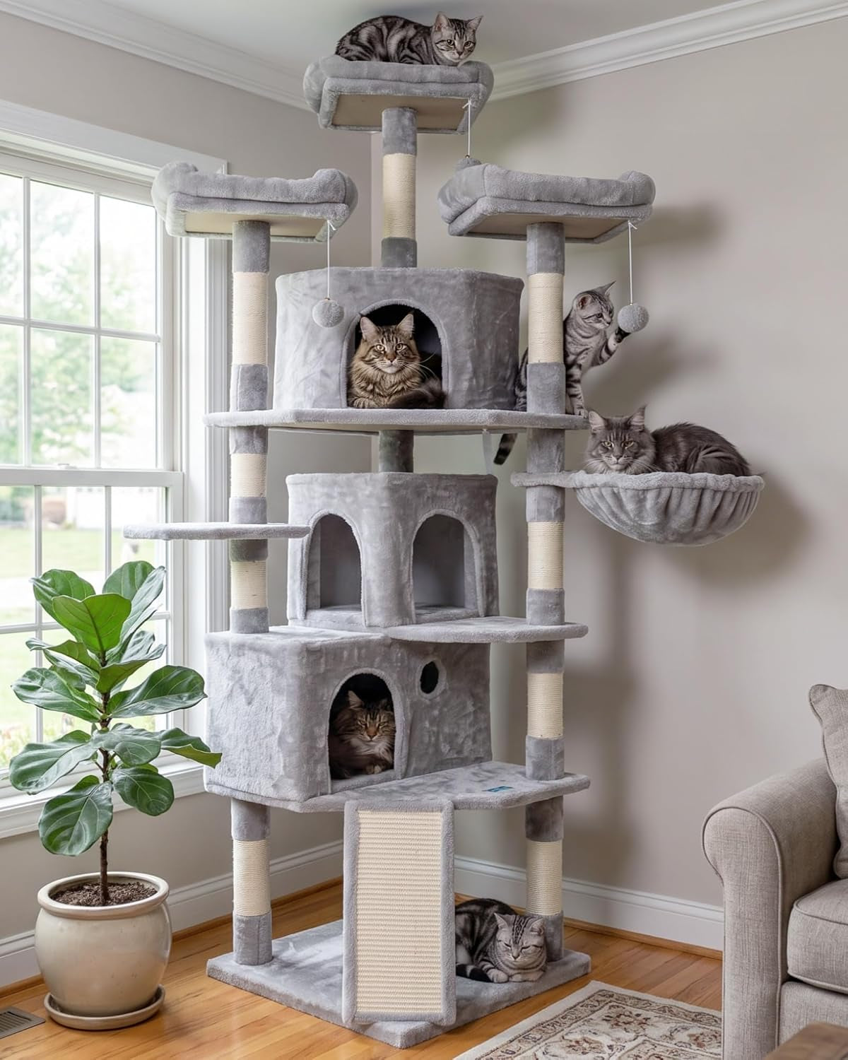Multi-Level Cat Tree Tower with Spacious Condo, Platforms, and Scratching Posts - 73.4 Inch Indoor Activity Center for Cats in Light Gray